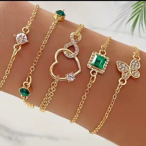 5pc Elegant Gold and Green Bracelet Set